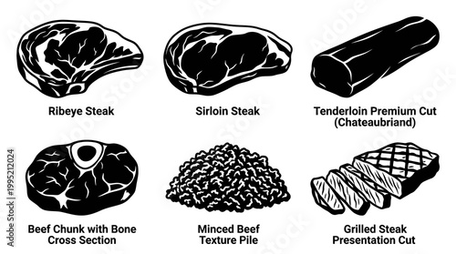 Food Industry Black  White Line Art Icons: Beef Cuts, Steaks, and Meat Glyphs Collection