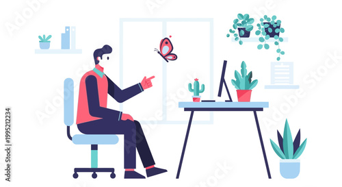 Man working at home office, butterfly flying near plants, illustration