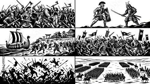 Ancient Warriors Battle Scene, Black and White Vector Art