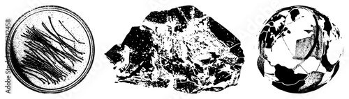 Scientific halftone graphic showing microbial culture, geological sample, and world map globe dot used for print reproduction. Isolated cutout style.