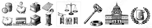 Justice & finance gavel, scales, Capitol, piggy banks, ballot boxes. For law, finance, elections. Also called jurisprudence or governance graphics.