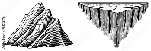 Etched peaks and fractured precipice, topographic ridge and edge, woodcut style terrain, vintage cartography element.