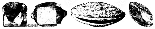 Black and white halftone food graphics showing sliced loaf, cheese wedge, bivalve, fish cut also known as stippled culinary or retro print style edibles.