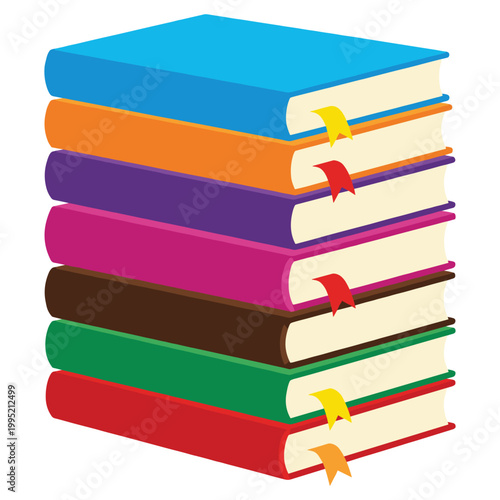 Stack of colorful hardcover books with bookmarks flat vector icon for your library.