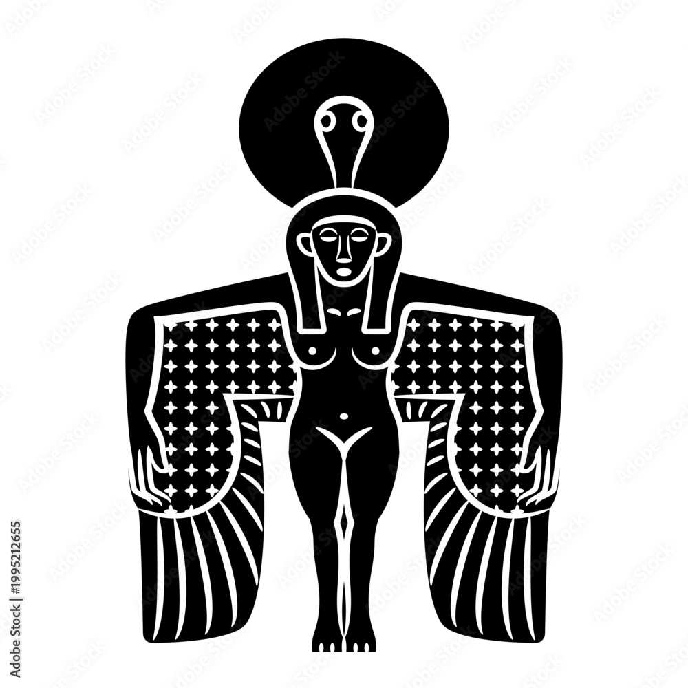 Fototapeta premium Winged ancient Egyptian goddess. Black and white silhouette.