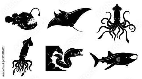 Set of black and white vector illustrations of sea creatures