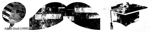 Distressed graphic elements including talk bubble, abstract form, academic mortarboard ideal for edgy designs, vintage layouts, or educational themes.