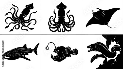 Black and White Silhouette Icons of Sea Creatures and Marine Life