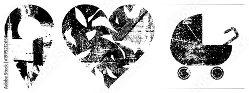 Rugged vector symbols including location pin, broken heart, and baby stroller gritty urban with weathered aesthetic, street art inspired motifs.