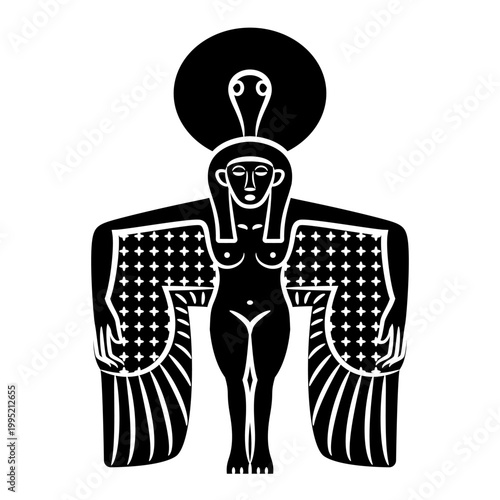 Winged ancient Egyptian goddess. Black and white silhouette.