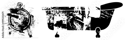 Distressed timepiece and vintage tub silhouette, analog timer and retro bath fixture, ink splattered clock and clawfoot vessel, halftone decay style.