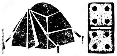 Tattered camping shelter, weathered dome tent graphic, fragmented outdoor gear symbol, rugged survivalist motif, vintage campsite emblem.