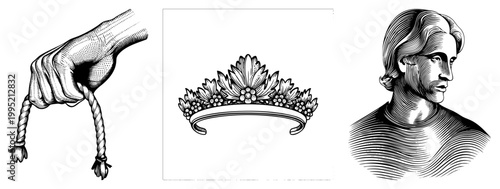 Engraved fist gripping rope, leaf adorned tiara, male bust profile stipple, woodcut, art, or etching style.