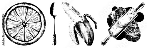 Retro kitchen collection including sliced citrus fruit, utensil, peeled banana, baking tool also called vintage food graphics, halftone culinary symbols.