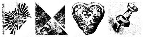 Rugged graphic elements featuring weathered sunburst, cracked triangles, baroque heart, and vintage pushpin ideal for edgy branding or retro design projects.