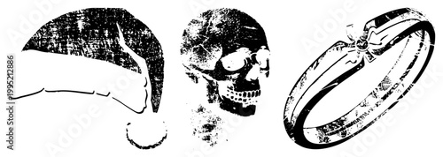 Distressed holiday hat, macabre, matrimonial band stylized halftone graphics for print, web, or tattoo. Alternative spooky Xmas combo, gothic饰品.