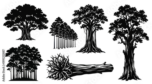 Black  White Silhouette Vector Set of Various Trees and Log