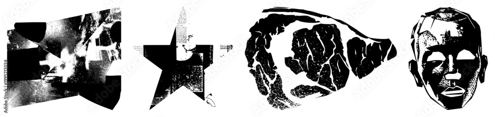Fototapeta premium Black and white graphic with halftone star, steak, angular mask, fragmented collage. Alt monochromatic vector montage, graphic art assemblage.