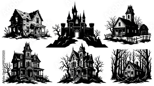 Spooky Haunted Houses and Castle Black and White Vector Art Set