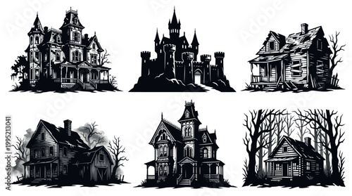 Spooky Haunted Houses and Castle Vector Art - Horror Gothic Architecture
