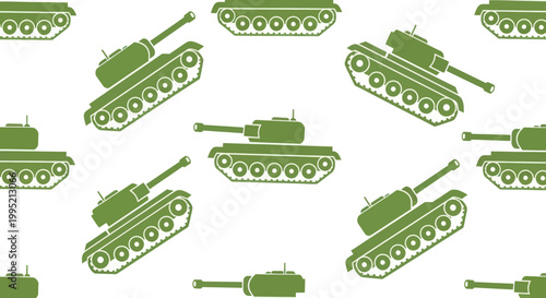 Seamless Pattern of Green Military Tanks on White Background
