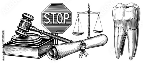 Judicial including law gavel, balance scales, stop sign, legal scroll, molar tooth representing, order, prohibition, documentation and forensic dentistry.