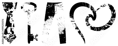 Rugged vector featuring necktie, vintage skeleton key, denim jeans, and romantic heart urban decay aesthetic, distressed silhouettes, street art graphics, stencil cutouts.