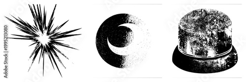 Dynamic star explosion, lunar graphic, textured top hat ideal for retro posters, comic effects, or vintage branding. burst, moon glyph, fedora silhouette.