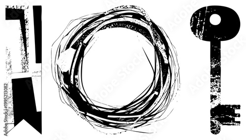 Stylized vector symbols distressed bracket, scribble circle, and vintage key also called ink stamp glyphs, grunge, or distressed emblem elements.