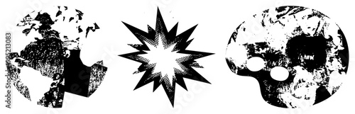 planet Earth rendered in halftone dot, comic style explosion burst, graphic globe cutouts ideal for posters, prints, or digital design assets.