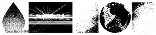 Dot matrix styled graphic elements including teardrop, radiant explosion, world map sphere, and aerosol spray ideal for digital or print textures.