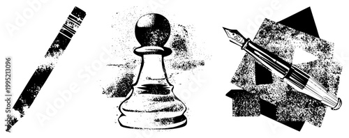 Stylized drawing tools and chess piece in distressed design, sketching implements, game token, nib pen, artistic equipment.