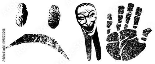 Stylized anarchist including V for Vendetta mask, inked palm print, and fragmented forms also known as protest symbols or hacktivist motifs, rendered in gritty.
