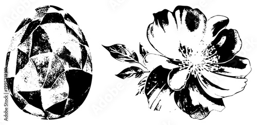 Stylized faceted egg with abstract alongside blooming element, both rendered in high contrast black and white halftone style for graphic design use.