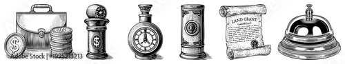 Retro art financial symbols including briefcase, coin stacks, service bell, land deed, and clock engraving style for legal or banking contexts.