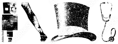 Silhouette style halftone graphics including medical stethoscope, formal top hat, human leg, and geometric blocks ideal for retro design or vintage print projects.