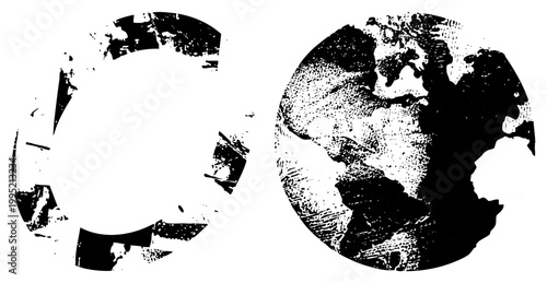 Distressed planet Earth illustration, vintage world map globe, global, broken cartographic sphere, halftone geographic design.