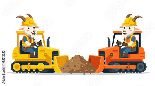 Two cartoon goats wearing construction helmets driving bulldozers, pushing dirt and materials in a balanced, playful illustration