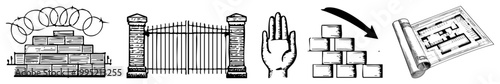 Security system symbols including fortified barrier, access control gate, halt gesture, modular block layout, architectural plan protection, safety graphics.