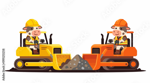 Cartoon cows in construction gear driving bulldozers, diligently pushing earth and rocks, symbolizing hard work and progress in an industrial setting