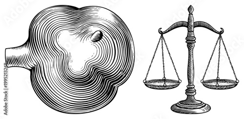 Anatomical heart diagram with contour paired with classical balance scales, symbolizing medical ethics or judicial fairness, rendered in engraved pen and ink technique.