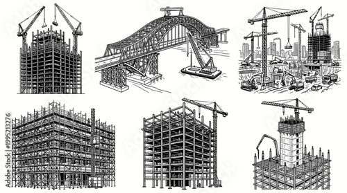 Black and White Line Art Construction Site with Cranes and Buildings