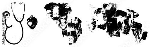 Doctor’s diagnostic tool and cardiac symbol paired with textured globe auscultation device, cardiovascular emblem, global health graphic.