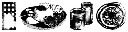 halftone illustrations of canned goods, plated meals, pill blister packs, and textured surfaces. Food graphics, dietary visuals, nutrient symbols.