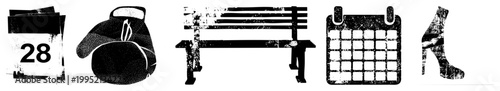 Distressed black and white glyph depicting daily life objects date marker, pugilism gear, public seating, schedule grid, women’s footwear. Ideal for retro UI design or print.