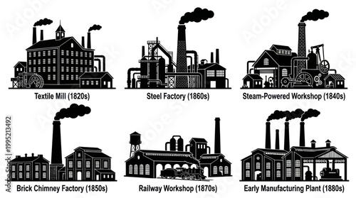 Vintage Industrial Revolution Factories - Black and White Silhouettes