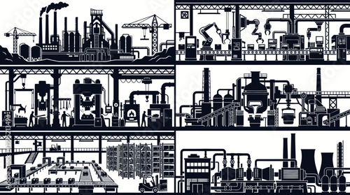 Industrial Manufacturing Factory Production Automation Black and White Silhouette Vector Illustration