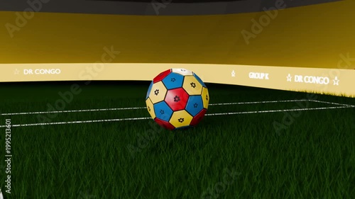 Falling multicolor soccer ball from dark into pitch, bouncing, settling, LED ribbon showing GROUP K