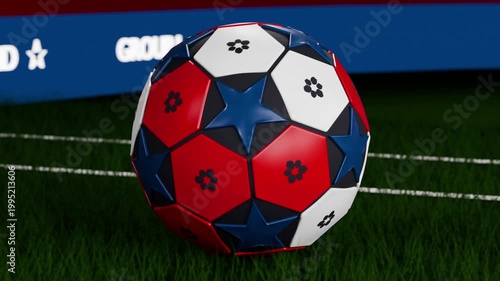 Pulling back revealing red white blue soccer ball dropping, hitting turf, settling on grass pitch