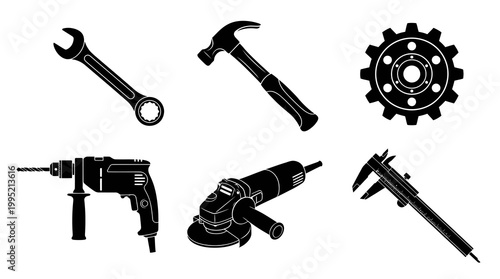 Construction and Engineering Tools Black  White Glyph Vector Icons